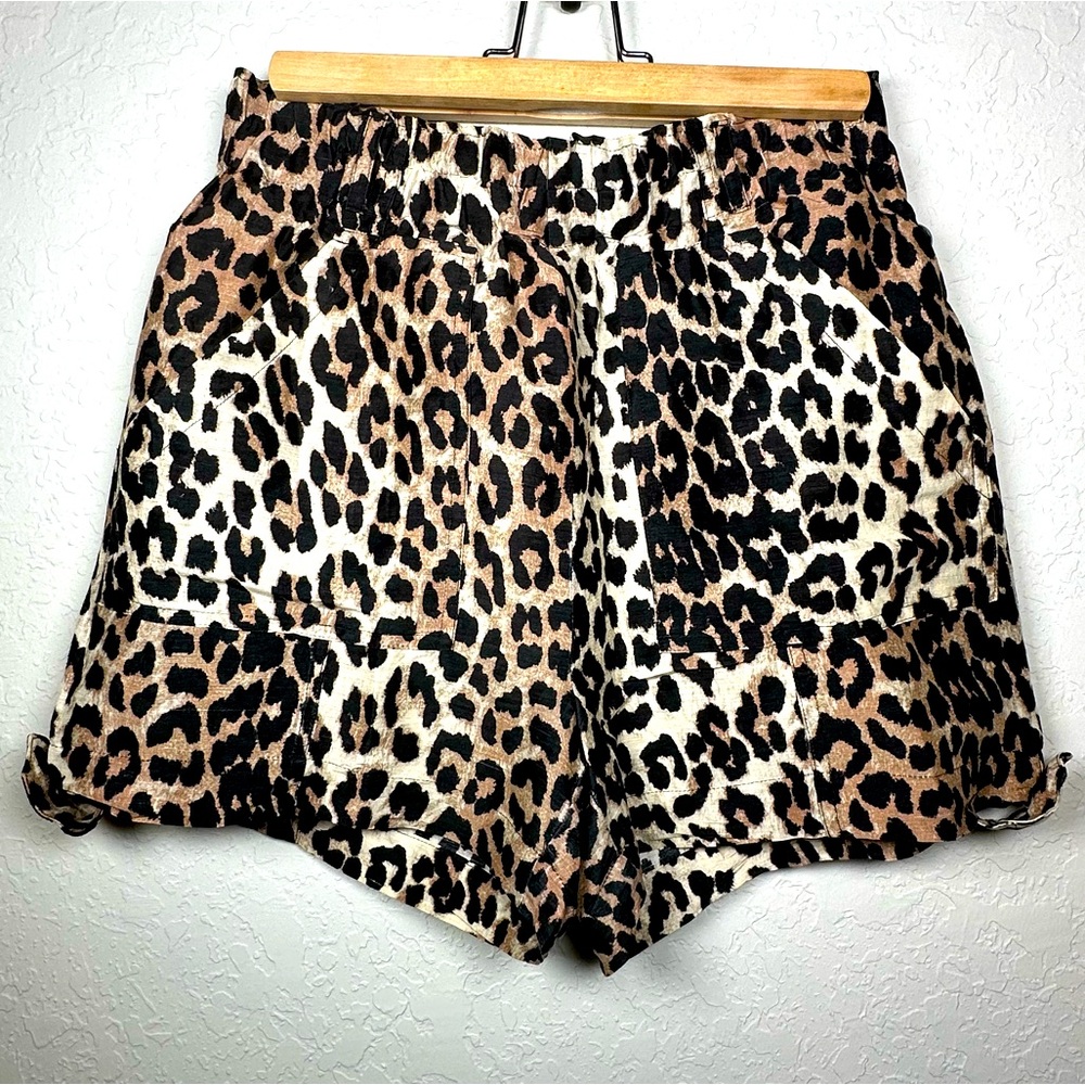 GANNI LINEN SILK HIGH WAIST SAFARI SHORTS IN ANIMAL PRINT